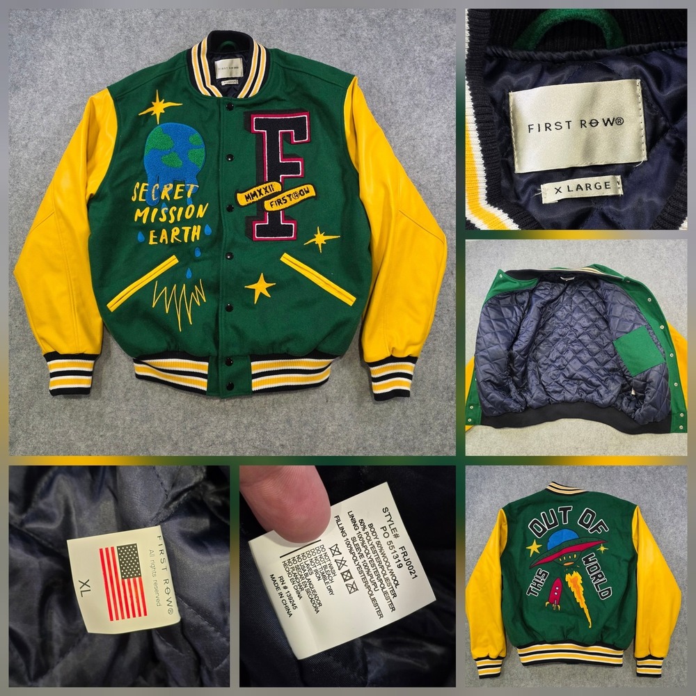First Row Jacket Mens XL Green Yellow Secret Mission Earth Varsity Space FRJ0021